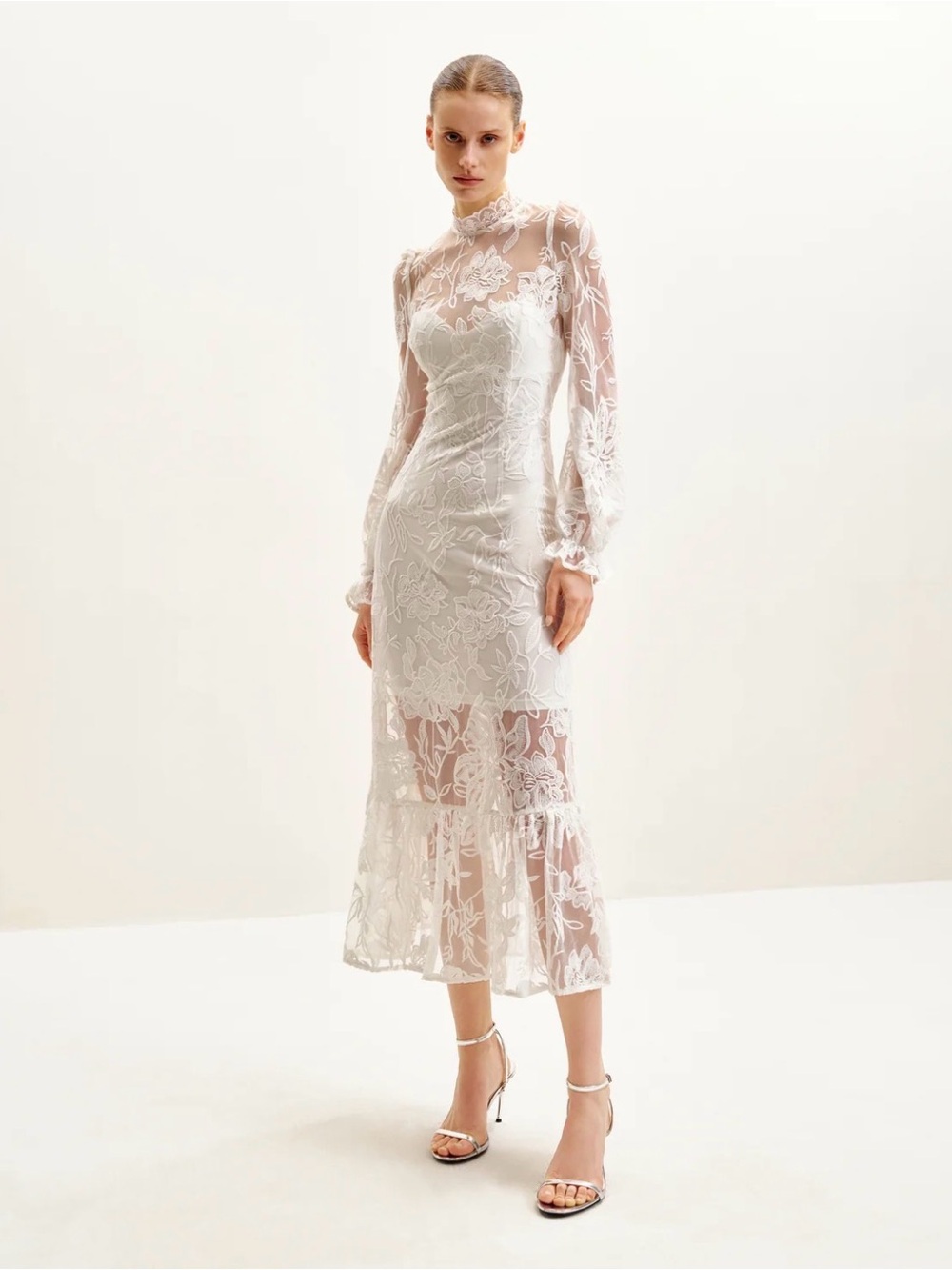 JW Pei Elegant Sheer White Floral Lace Midi Dress